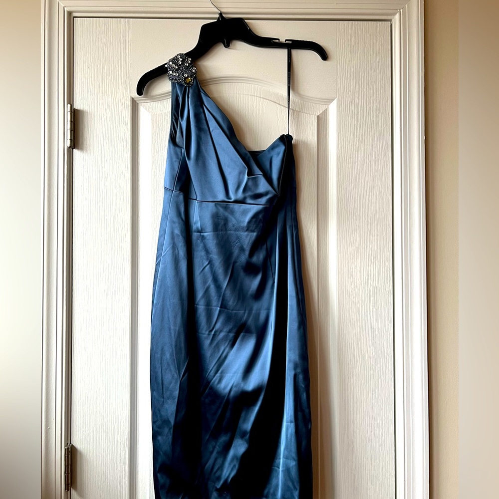 Satin Periwinkle One-Shoulder Cocktail Dress with Jeweled Appliqué